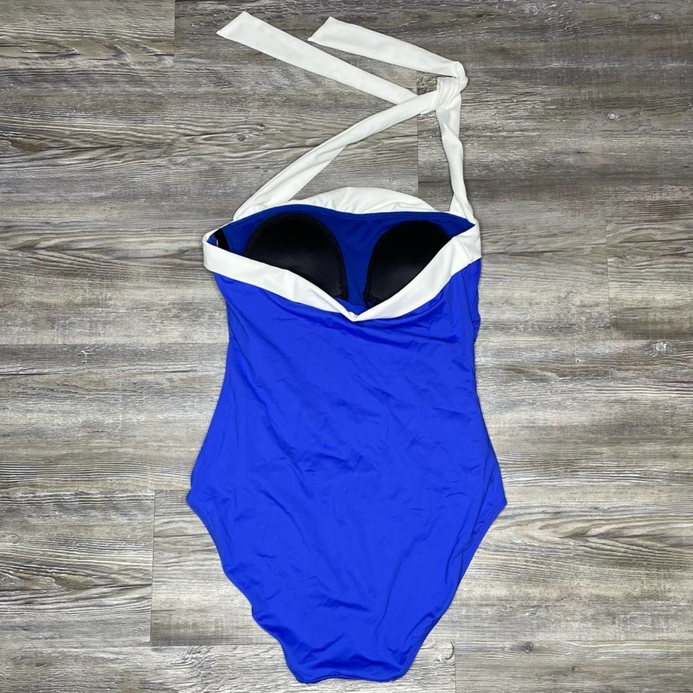 LAUREN RALPH LAUREN Royal Blue/White Shirred Halter Bandeau One Piece Swimsuit - Picture 4 of 5
